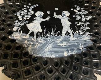 Westmoreland Black Glass Painted Plates with Lattice Motif