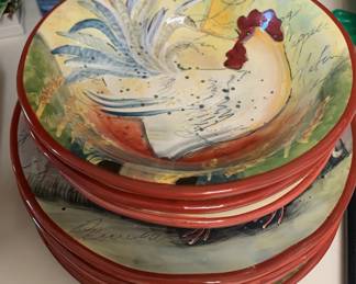 Susan Winget Rooster Dinner Plates and Soup Bowls