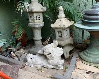 Pagoda Lanterns, Single Carved Foo Dog, 19th-century Brass and Copper Ottoman Brazier with Bird Finial