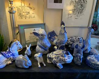 Blue and White Chinoiserie Animal Statues and Lidded Boxes, Signed and Numbered Portland Art