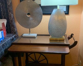 Vintage Stickly Bros Tea Cart with Glass Insert, Contemporary Speckled Glass Table Lamp, and Solid Metal Disk Sculpture on Marble Stand