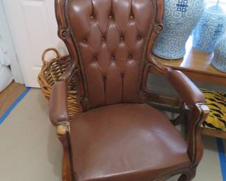 Leather & Carved Wood Armchair