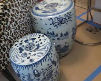 (2) Chinese Blue & White Garden Stools - Great as Stools, Side Tables or Stands