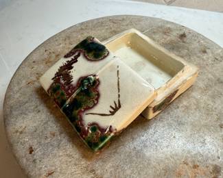 #93 "A Japanese Ceramic Matchbox in Ivory Glaze with an Image of Mount Fuji and Pine Trees from the Meiji Period - 125 Years Old" $80.00