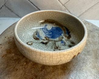 #70 "Japanese Bowl Pale Iron Blue Glaze w/ Crackle Finish and a Stylized Image of a Bird in a Thicket - Signed by the Artist - from the Early Showa Period - 100 Years Old" $95.00