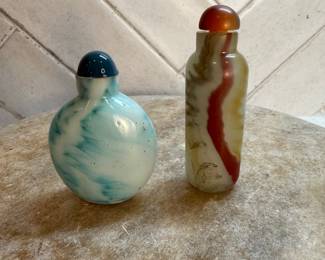 #68 "Two Chinese Glass Snuff Bottles with $70 Streaks of Color in Aquamarine/Blue and Red/Black from the Late Qing Dynasty - 150 Years Old" $70.00