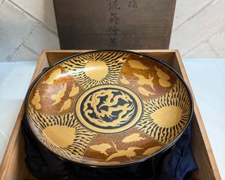 #89 "A Japanese Dish in Gold Lacquer with Images of Dragons, Cranes, Clouds, and Leaves in the Original Box from the Meiji Period - 150 Years Old" $125.00