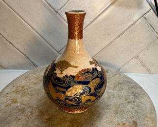 #138 "A Medium-Sized Japanese Porcelain Vase from Satsuma with Images of Waves in Gosu Blue and Fans in Gold from the Edo Period - 175 Years Old" $195.00