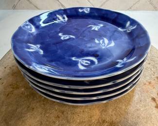 #72 "A Set of Five Japanese Dishes from Arita with Images of White Irises on a Blue Background - Stamped by the Artist - from the Late Meiji Period - 125 Years Old" $150.00