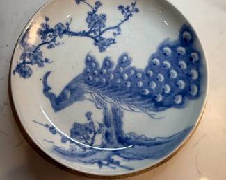 #86 "A Japanese Dish with a Blue and White Image of a Peacock Under a Plum Branch from the Meiji Period - 150 Years Old" $125.00