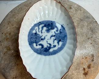 #87 "A Japanese Oval Dish of Imari Porcelain with an Image of a Dragon in Blue from the Edo Period - 275 Years Old" $125.00
