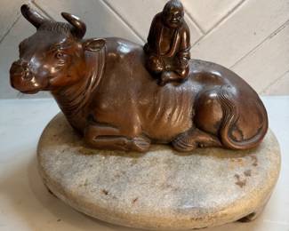 #149 "A Japanese Bizen Ware Pottery Statue of a Man on a Bullock - Signed by the Artist - from the Meiji Period - 125 Years Old" $100.00