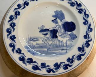 #112 "A Japanese Plate from Arita with Blue and White Images of Cranes Standing in a Pool with Lotus Flowers from the Meiji Period - 140 Years Old" $125.00