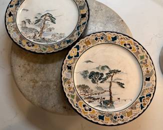 #130 "A Pair of Japanese Dishes from Satsuma with Images of Trees and Mountains Surrounded by a Heavy Border of Flowers and Birds - Stamped by the Artist - from the Meiji Period - 150 Years Old" $135.00