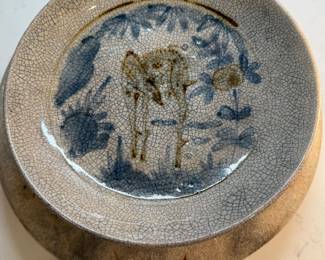 #122 "A Japanese Dish in Pale Iron Blue Glaze with Crackle Finish from Seto-Mino with an Image of a Deer in Foliage from the Late Edo Period - 175 Years Old" $125.00
