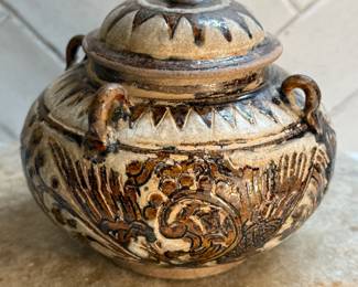 #73 "A Sawankhalok Covered Bowl in Brown and White Glazes with Images of Phoenixes from the Sukhothai Period of Thailand - 500 Years Old" $195.00