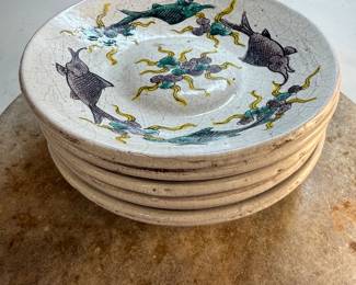 #94 "Set of Five Japanese Plates with Images of Fish and Flowers in Green and Purple with Crackle Finish by Master Potter Ogata Kenzan from the Edo Period – 300 Years Old" $150.00
