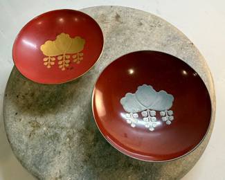 #101 "Two Japanese Sake Bowls in Red Lacquer with Images of Tokugawa Shogun Crests in Gold and Silver from the Late Meiji Period or Early Taisho Period - 100 Years Old" $75.00
