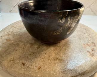 #79 "A Japanese Tea Bowl in Dark Chocolate Brown Glaze with a Striking Splash of White Overglaze on the Side of the Bowl from the Meiji Period - 125 Years Old" $125.00