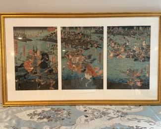 #141 "A Three-Panel Japanese Woodblock Print Painting of a River Battle by Master Artist Ichiyasai Kuniyoshi from the Edo Period - 175 Years Old" $150.00