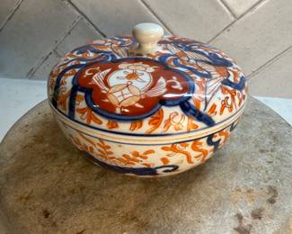 #113 " Japanese Covered Bowl of Imari Porcelain with Images of Phoenixes from the Late Edo Period or Early Meiji Period – 175 Years Old" $125.00