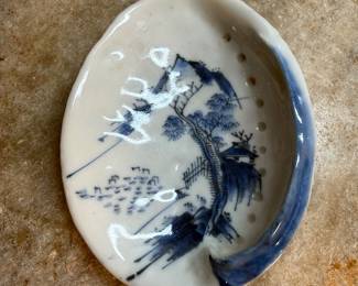 #120 "A Japanese Shell-Shaped Dish of Blue and White Porcelain with an Image of a Mountain Cabin and a Lake from the Meiji Period - 140 Years Old" $85.00
