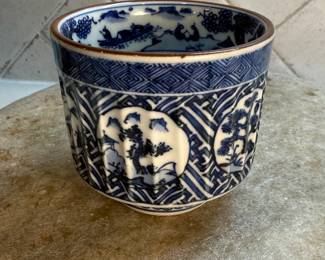 #128 "A Japanese Fluted Tea Bowl from Kutani with Blue and White Images of Winter from the Meiji Period - 125 Years Old" $95.00