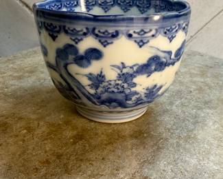 #111 "A Japanese Tea Cup of Hirado Porcelain in Blue and White with Images of Boys Chasing Butterflies from the Late Edo Period - 175 Years Old" $95.00