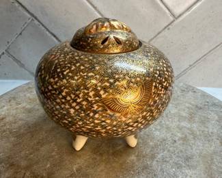 #115 "A Japanese Incense Burner of Satsuma Enameled Pottery With Images of Golden Butterflies from the Late Meiji Period - 125 Years Old" $195.00
