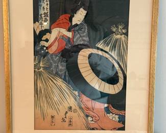 #144 "A Japanese Woodblock Print Painting of a Samurai Looking at a Woman by Master Artist Utagawa Kunisada II from the Edo Period - 175 Years Old" $150.00