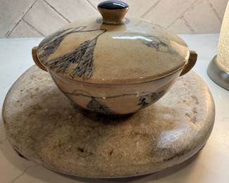 #129 "A Japanese Pottery Bowl from Kiyomizu in Light Tan Glaze with Images of Fishermen and Birds in Light Blue Glaze - Signed by the Artist - from the Early Meiji Period - 140 Years Old" $125.00