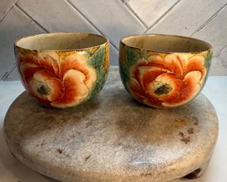 #105 "A Pair of Japanese Ceramic Tea Bowls from Kyomizu with Bright Images of Flowers in Red and Green from the Meiji Period - 125 Years Old" $125.00