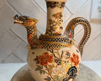 #137 "A Japanese Porcelain Teapot and Lid from Satsuma with a Coiled Dragon in Gosu Blue and Gold and Floral Design in Red and Green from the Meiji Period - 125 Years Old" $195.00