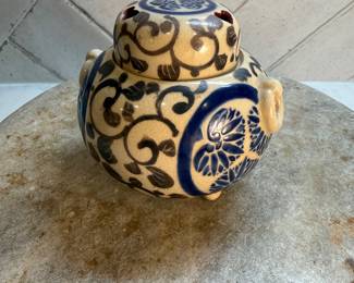 #90 "A Japanese Incense Burner of Satsuma Pottery with Images of Tokugawa Shogun Crests in Gosu Blue from the Late Edo Period or Early Meiji Period - 175 Years Old" $195.00