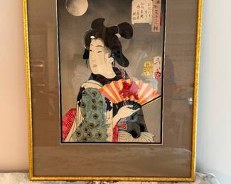 #145 "A Japanese Woodblock Print Painting of a Geisha with a Fan by Master Artist Yoshitoshi Tsukioka from the Meiji Period - 150 Years Old" $150.00