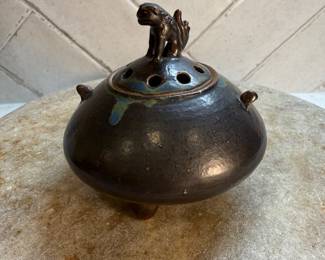 #151 "A Japanese Pottery Incense Burner in Light Chocolate Brown and Pale Green Glazes with a Guardian Lion Finial from the Late Meiji Period - 125 Years Old" $150.00