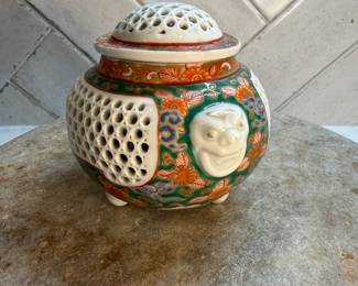 #108 "A Japanese Incense Burner of Reticulated Hirado Porcelain with Images of Multicolored Flowers from the Meiji Period - 135 Years Old" $195.00