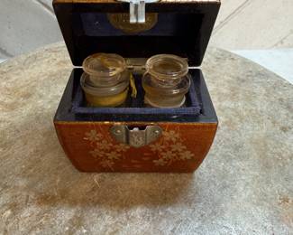 #123 "A Japanese Perfume Box in Reddish Orange Lacquer with Gold Floral Images and Original Perfume Bottles Intact from the Meiji Period - 125 Years Old" $100.00
