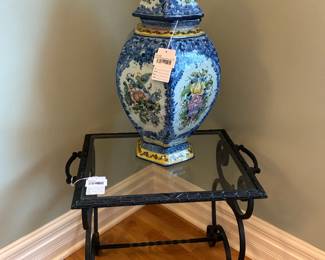 Vestal Portugal Ceramic Urn, Wrought Iron Side Table