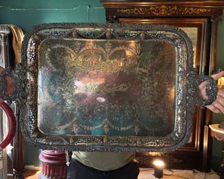 Large silverplate tray with "Katherine" engraved in the center. Needs a small repair
