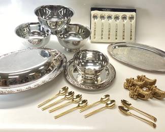 VINTAGE SILVER PLATED SERVING WARE WITH GOLD TONE SPOONS AND NAPKIN RINGS ONEIDA, SHERIDAN, LEONARDS AND SUPREME CUTLERY