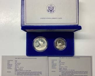 1986 U.S Liberty coin set Centennial 2 coin set, Silver dollar 90.0 silver, Half dollar copper and nickel composition