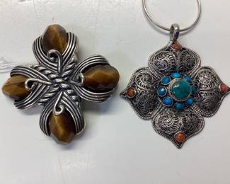 VTG.CAROLYN POLLACK TIGER EYE MALTESE CROSS PENDANT/BROOCH AND VTG. NEPALESE STERLING SILVER CORAL AND TURQUOISE PENDANT ON A NECKLACE 36.13 grams