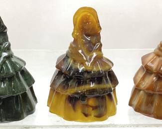 (3) VTG. BOYDS ART SLAG GLASS LOUISE DOLL FIGURINES, COLONIAL LADY OR SOUTHERN BELL, SWIRL BLACK, DARK GREEN AND BROWN