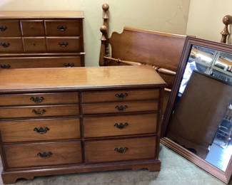 4 PIECE AMERICAN DREW BEDROOM SUITE, DRESSER, MIRROR, QUEEN BED AND CHEST OF DRAWERS NO SHIPPING PICKUP ONLY