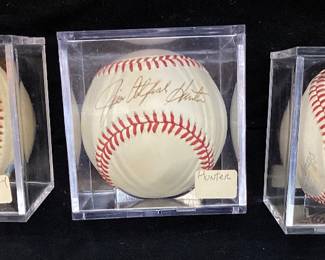 (3) AUTOGRAPHED BASEBALLS, MLB PITCHERS JIM CATFISH HUNTER, GAYLORD PERRY & BERT BLYLEVEN, NO COAs