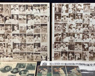 BASEBALL MEMORABILIA, NEWSPAPER PRINT, PHOTOS, COLLAGES, 1986 SPORTING NEWS WORLD WIDE SPORTS BASEBALL IMMORTALS UNCUT CARD SHEET, BABE RUTH, LOU GEHRIG, HONUS WAGNER, TY COBB A YARD OF THE NATIONAL GAME RECORD BREAKING CUBS, 1930 ALL AMERICAN COLLEGE FOOTBALL TEAM, 1939 WRIGLEY FIELD PHOTO