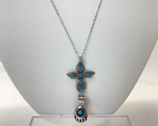 VTG.CAROLYN POLLACK TIGER EYE MALTESE CROSS PENDANT/BROOCH AND VTG. NEPALESE STERLING SILVER CORAL AND TURQUOISE PENDANT ON A NECKLACE 36.13 grams