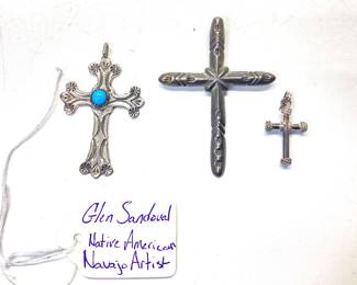 3 NATIVE AMERICAN STERLING SILVER CROSS PENDANTS Turquoise cross is by Glen Sandoval unknown on other two 15.27 grams