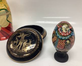 MATRYOSHKA DOLL, 24k GOLD PAINTED GREEK TRINKET DISH AND HAND PAINTED WOODEN EGG ON A STAND